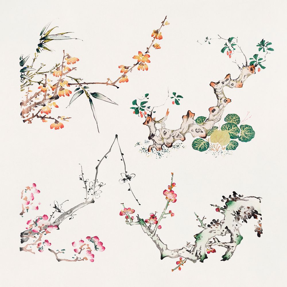 Vintage botanical element psd art print set, remixed from artworks by Hu Zhengyan