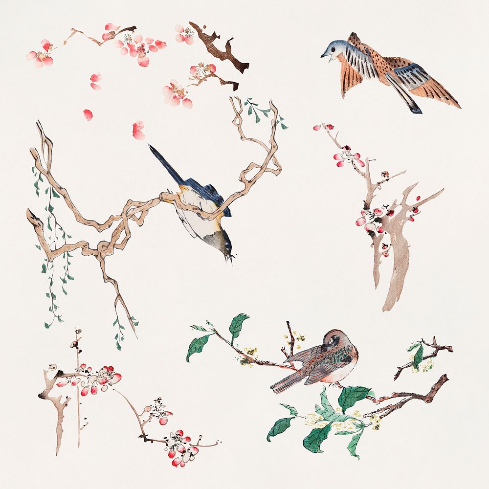 Bird perching on a tree psd art print set, remixed from artworks by Hu Zhengyan