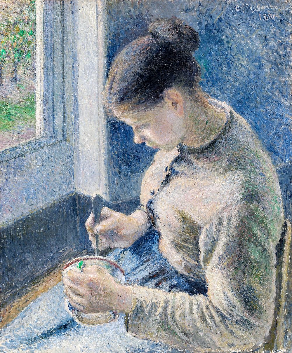 Young Peasant Having Her Coffee (1881) by Camille Pissarro. Original from The Art Institute of Chicago. Digitally enhanced…