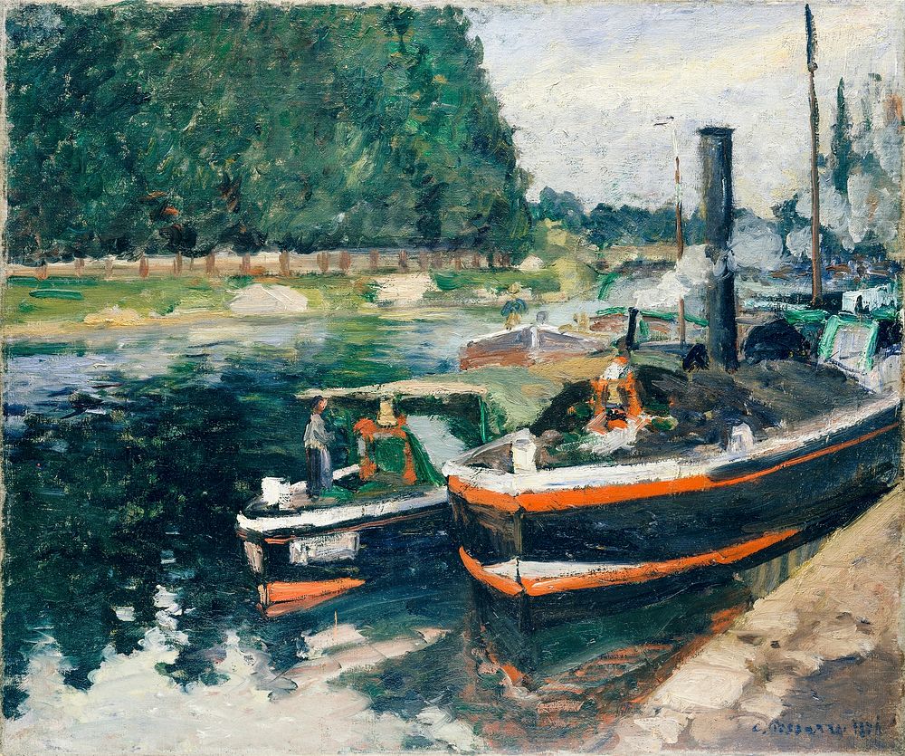 Barges at Pontoise (1876) by Camille Pissarro. Original from The MET museum. Digitally enhanced by rawpixel.