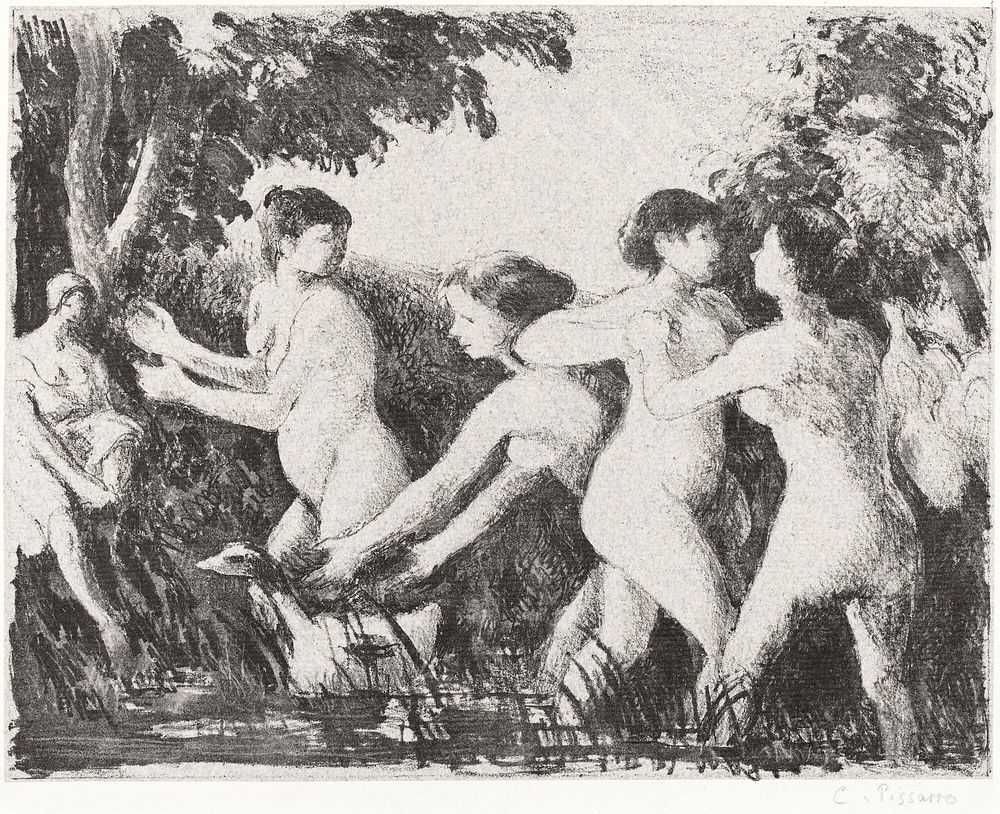 Bathers Wrestling (ca. 1896) by Camille Pissarro. Original from The National Gallery of Art. Digitally enhanced by rawpixel.