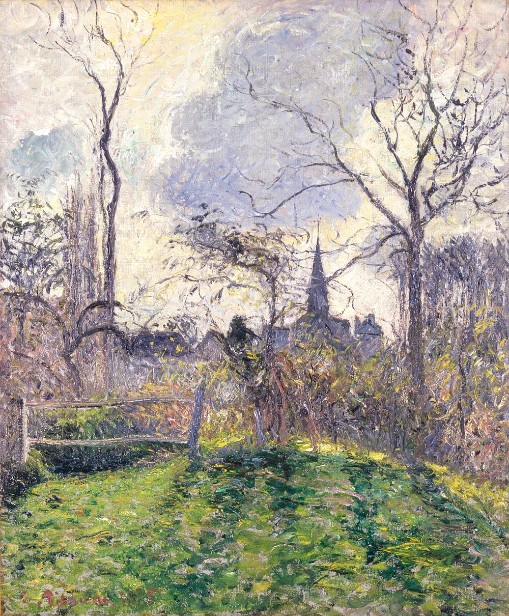 The Bell Tower of Bazincourt (1885) painting in high resolution by Camille Pissarro. Original from the Saint Louis Art…