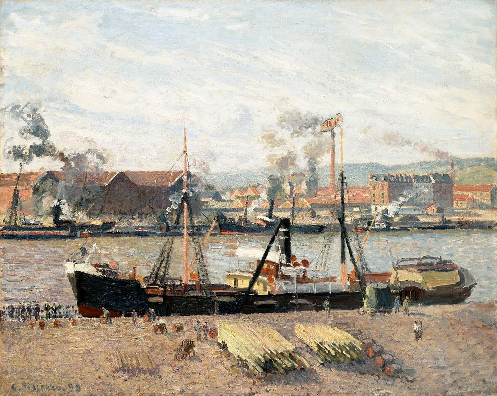 Port of Rouen, Unloading Wood (1898) painting in high resolution by Camille Pissarro. Original from the Sterling and…
