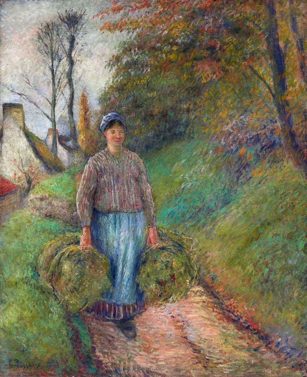 Peasant Woman Carrying Two Bundles of Hay (1883) painting in high resolution by Camille Pissarro. Original from the Dallas…