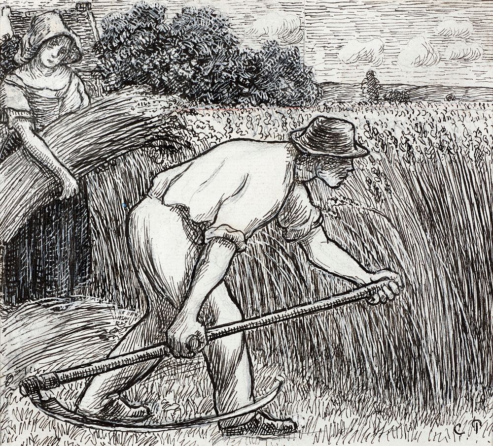 The Harvest (ca. 1895) drawing in high resolution by Camille Pissarro. Original from the Dallas Museum of Art. Digitally…