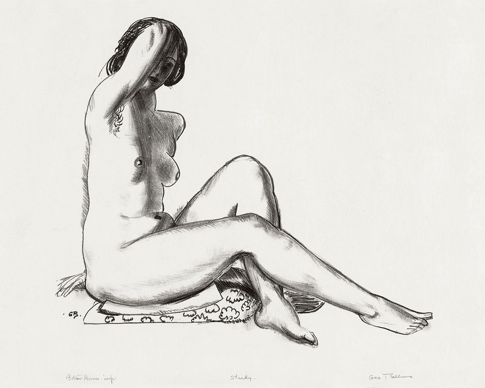 Nude study, girl sitting on flowered cushion (1923&ndash;1924) print in high resolution by George Wesley Bellows. Original…