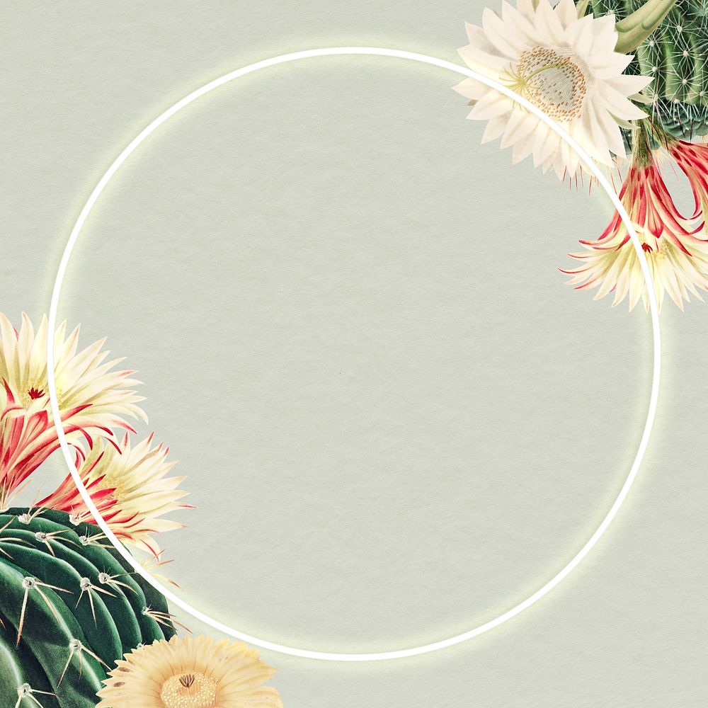 Round neon frame with vintage cactus on paper background design element