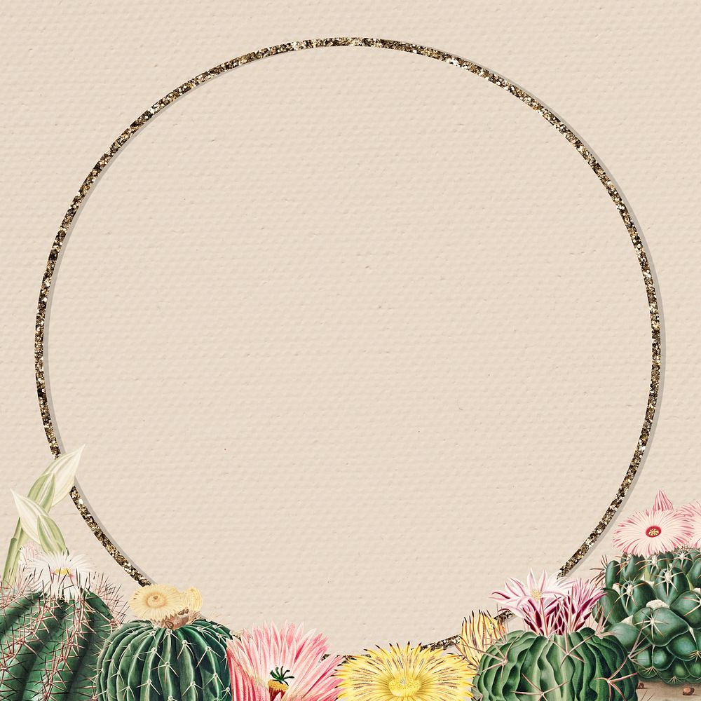 Round gold frame with vintage cactus on paper background design element