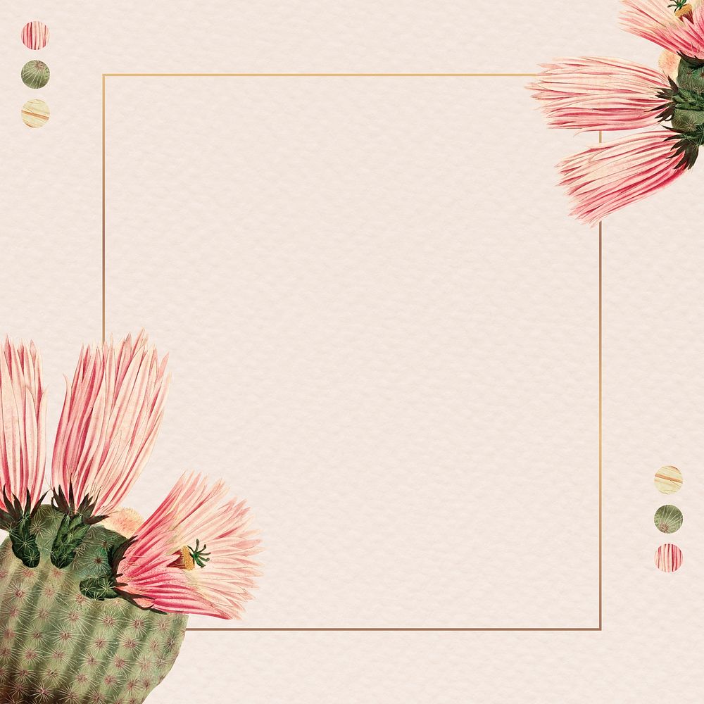 Rectangle gold frame with vintage cactus on paper background design element