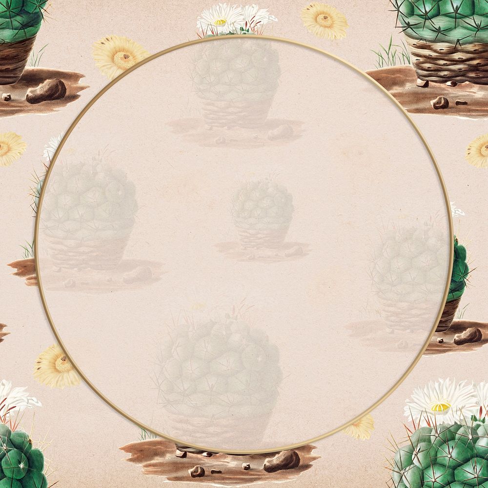 Round gold frame on vintage cactus pattern background design element