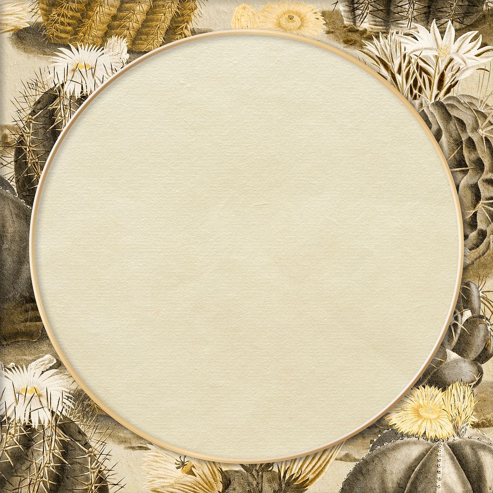 Round gold frame on vintage sepia cactus background design element