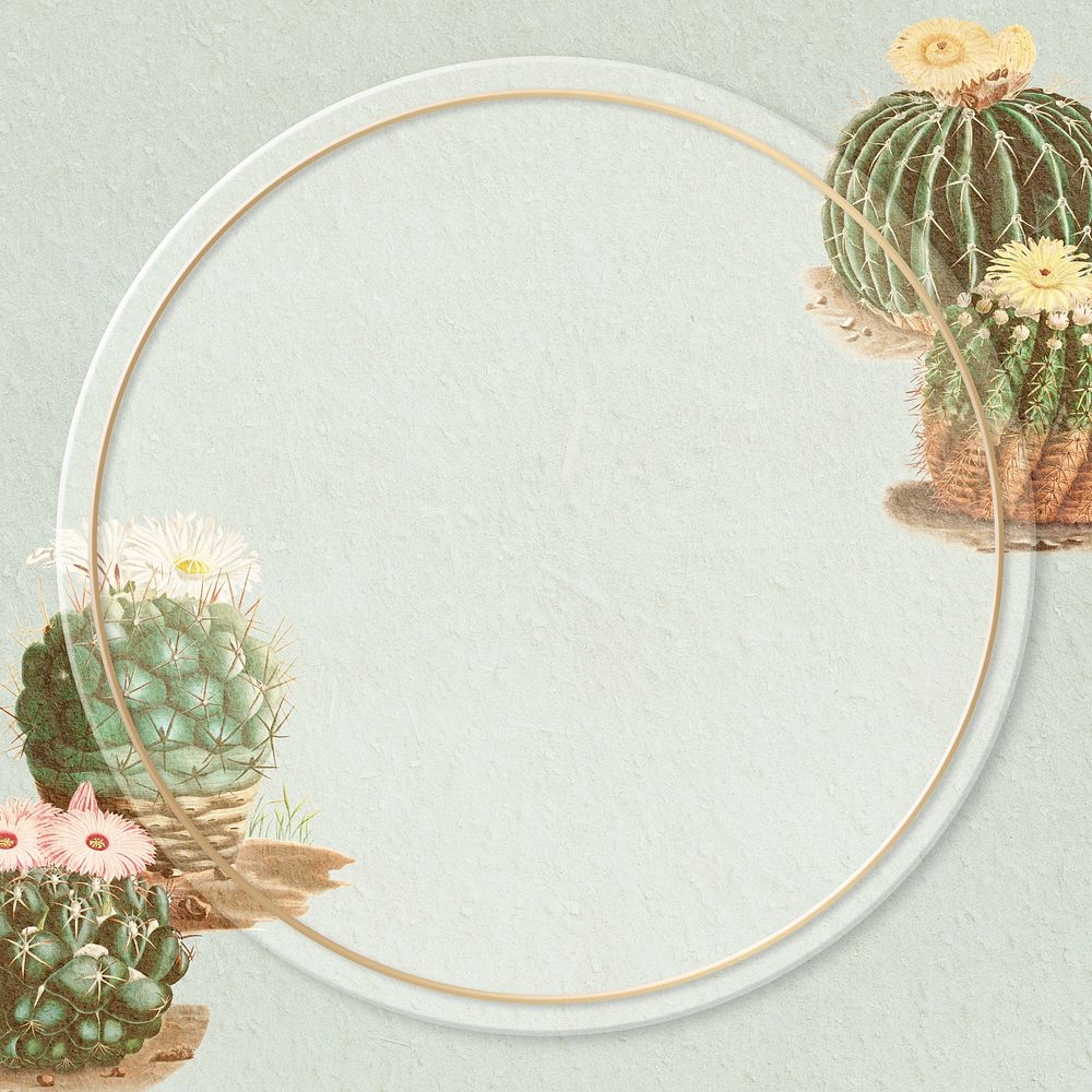 Round gold frame on vintage cactus background design element