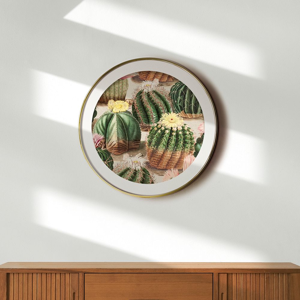 Framed vintage cactus interior wall art mockup design element