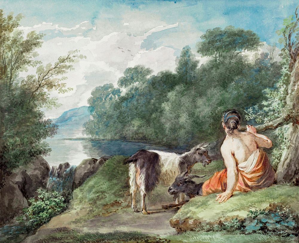 Shepherdess with goats in a landscape with a lake (1781) painting in high resolution by Aert Schouman. Original from the…