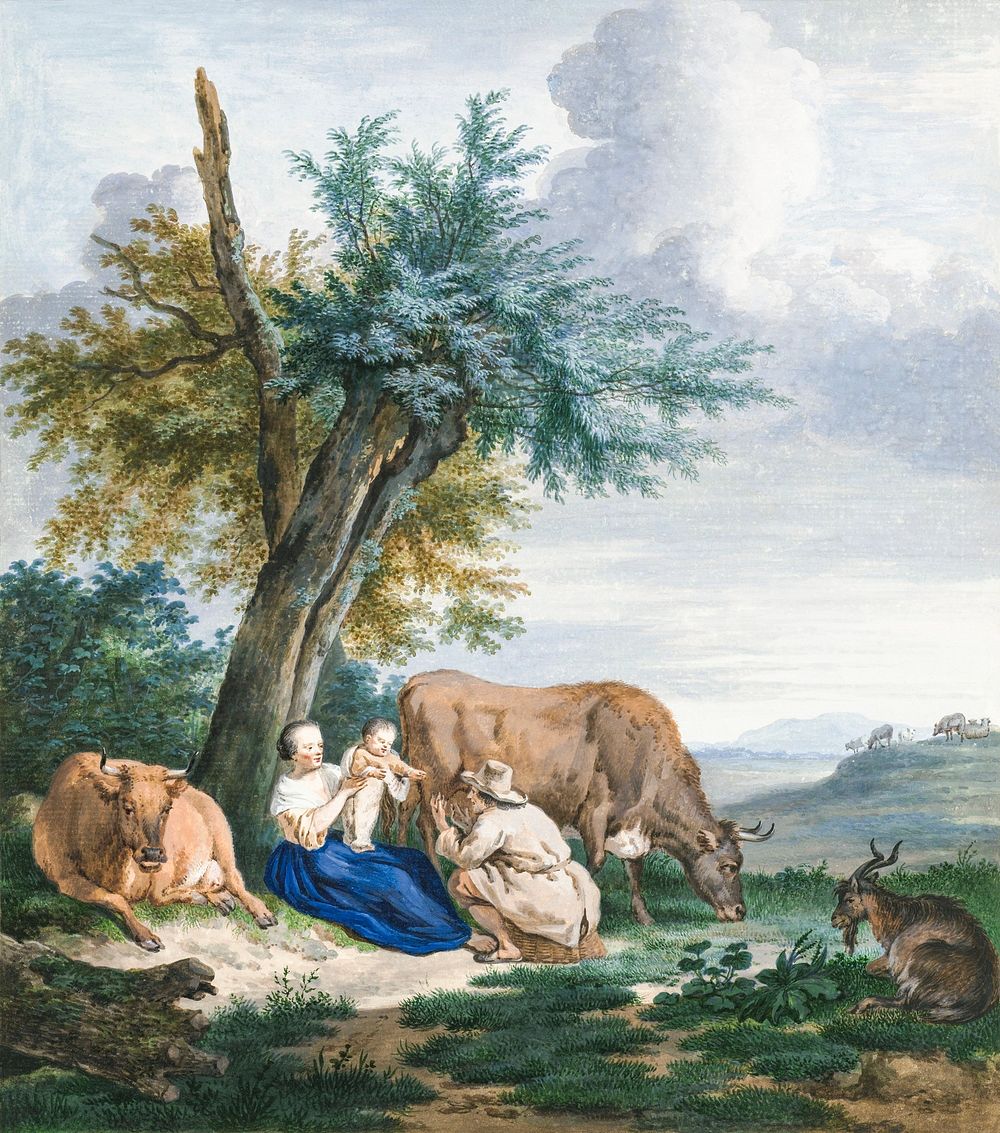 Peasant woman and farmer with child in a landscape with cattle (1720&ndash;1792) painting in high resolution by Aert…