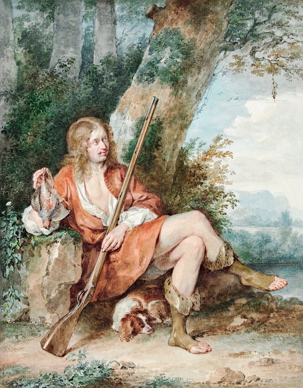 Resting hunter with musket and partridge by a tree (1775) painting in high resolution by Aert Schouman. Original from The…