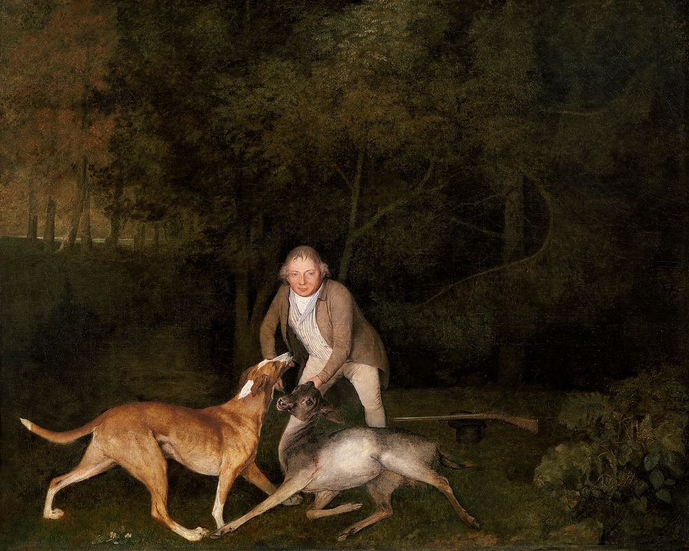 Freeman, the Earl of Clarendon's gamekeeper, with a dying doe and hound (1800) painting in high resolution by George Stubbs.…