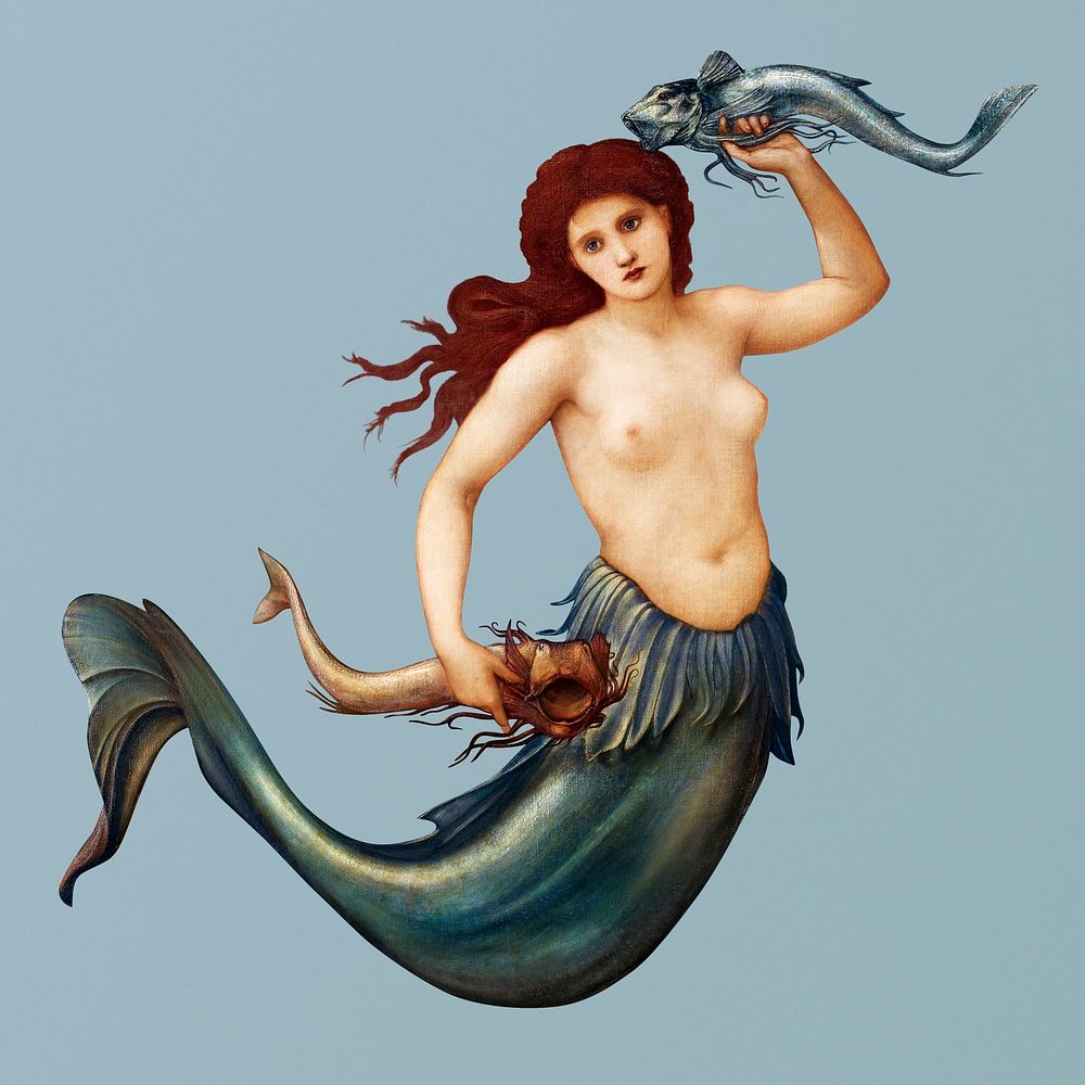 Sea-Nymph psd illustration, remixed from artworks by Sir Edward Coley Burne&ndash;Jones