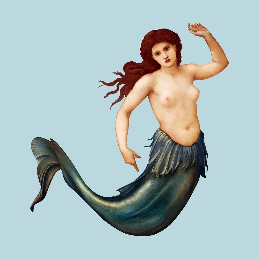 Sea-Nymph vector illustration, remixed from artworks by Sir Edward Coley Burne&ndash;Jones