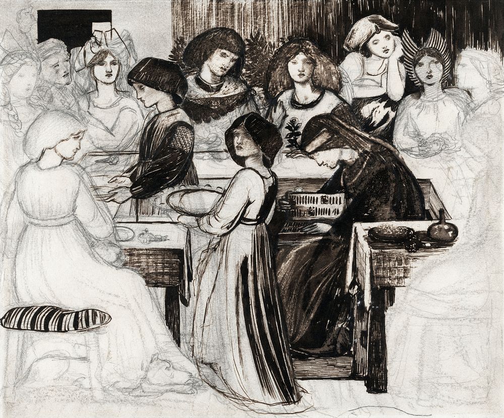 Study for The Wedding Feast of Sir Degrevaunt drawing in high resolution by Sir Edward Burne&ndash;Jones. Original from Yale…