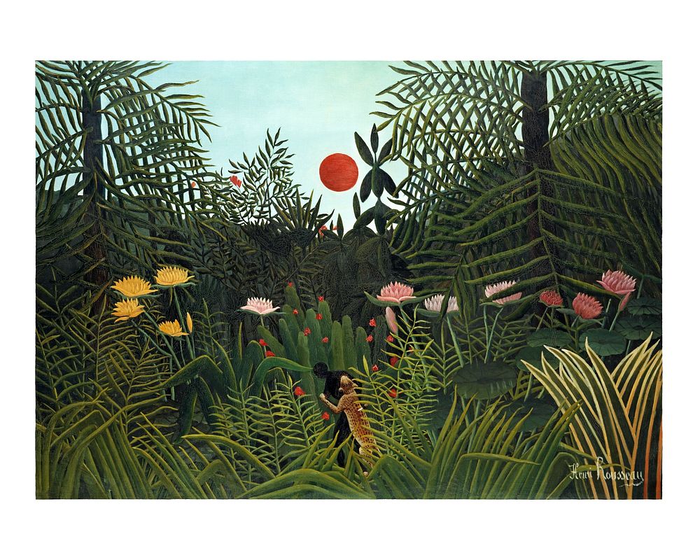 Rousseau art print, Virgin Forest with Sunset by Henri Rousseau's famous landscape (1910) painting. Original from the…