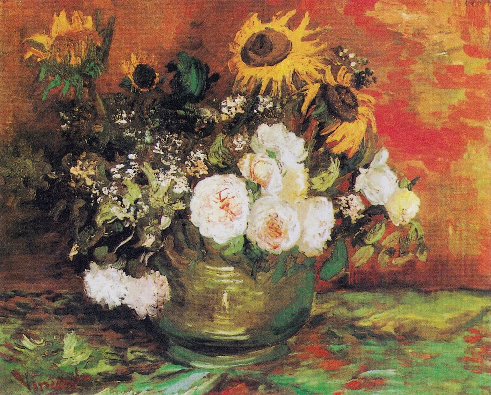 Vincent van Gogh's Bowl With Sunflowers Roses And Other Flowers (1886) famous painting. Original from Wikimedia Commons.…