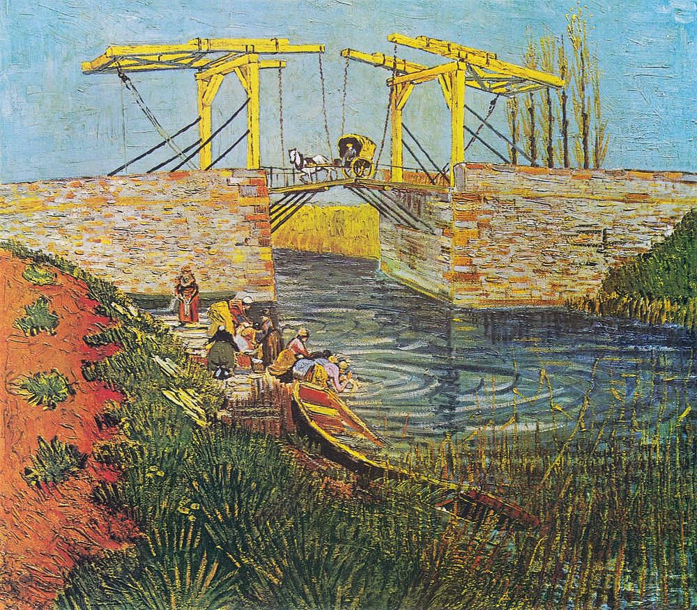 Vincent van Gogh's The Langlois Bridge at Arles with Women Washing (1888) famous painting. Original from Wikimedia Commons.…