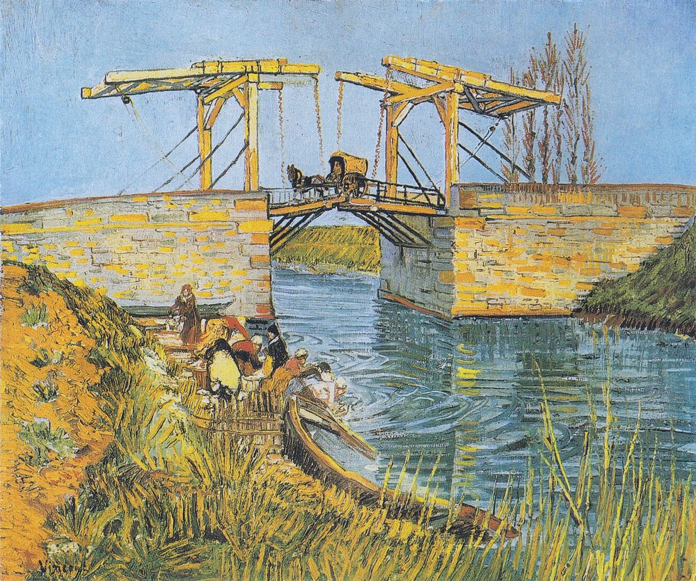 Vincent van Gogh's The Langlois Bridge at Arles with Women Washing (1888) famous landscape painting. Original from Wikimedia…
