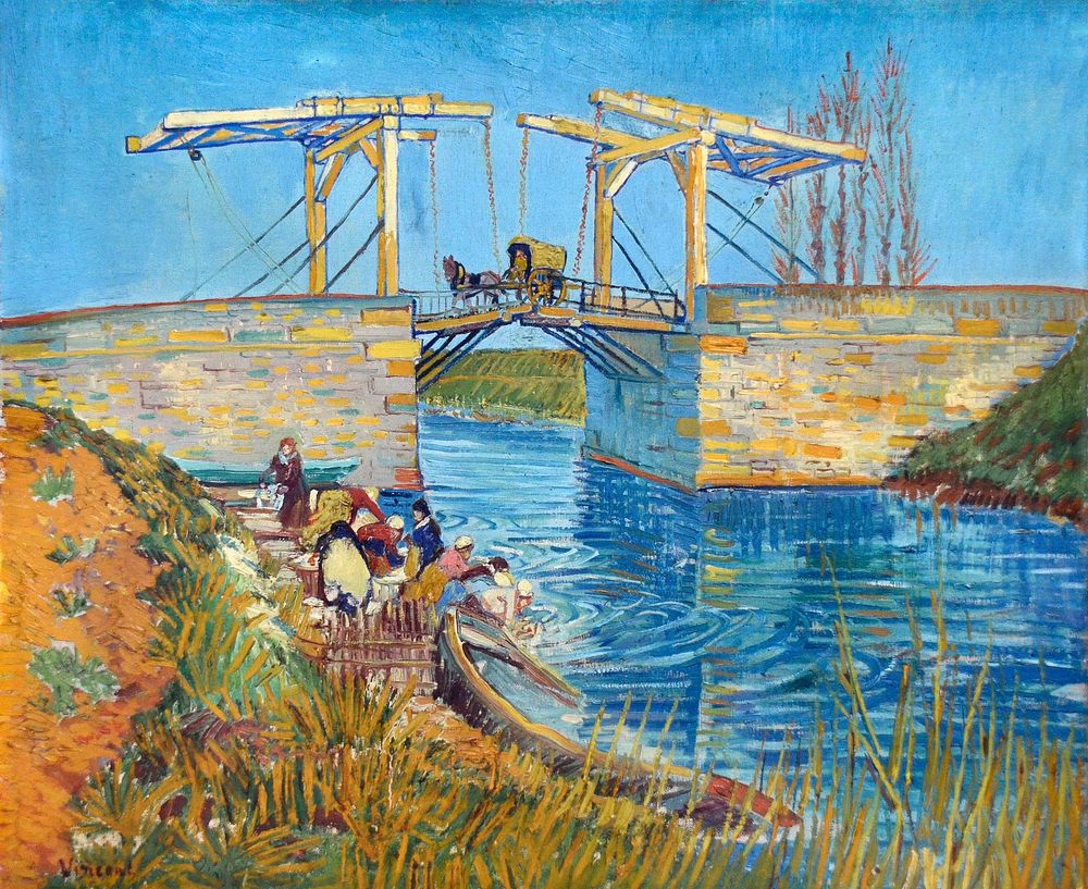 Vincent van Gogh's The Langlois Bridge at Arles with Women Washing (1888) famous painting.
