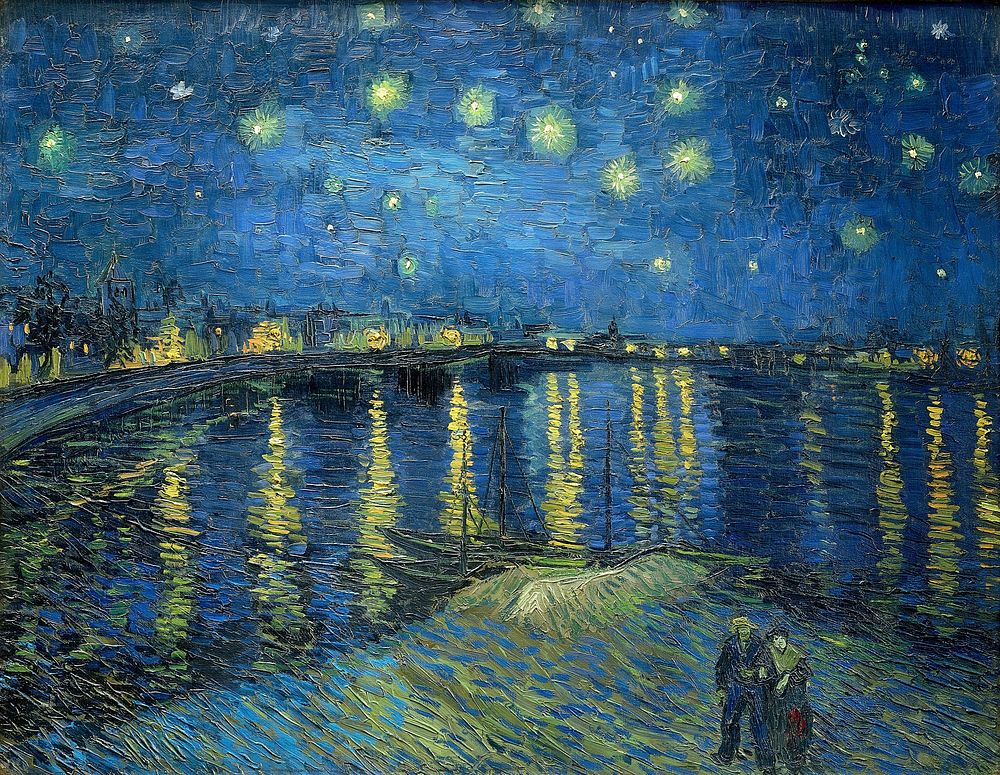 Vincent van Gogh's Starry Night Over the Rhone (1888) famous landscape painting. Original from Wikimedia Commons. Digitally…