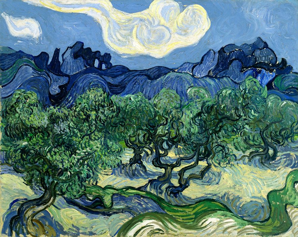 Vincent van Gogh's Olive Trees with the Alpilles in the Background (1889) famous landscape painting. Original from Wikimedia…