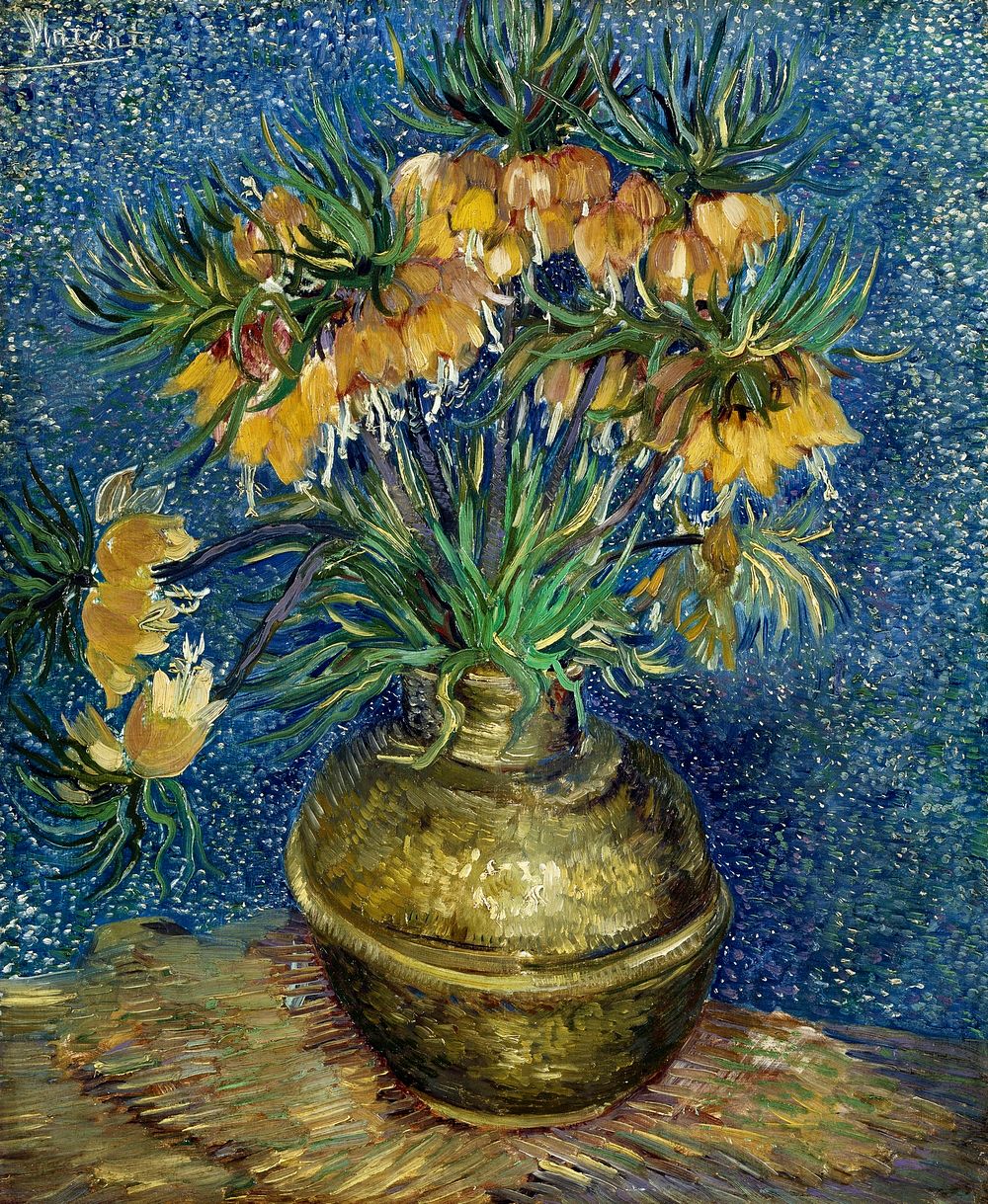 Vincent van Gogh's Imperial Fritillaries in a Copper Vase (1887) famous still life painting. Original from Wikimedia…