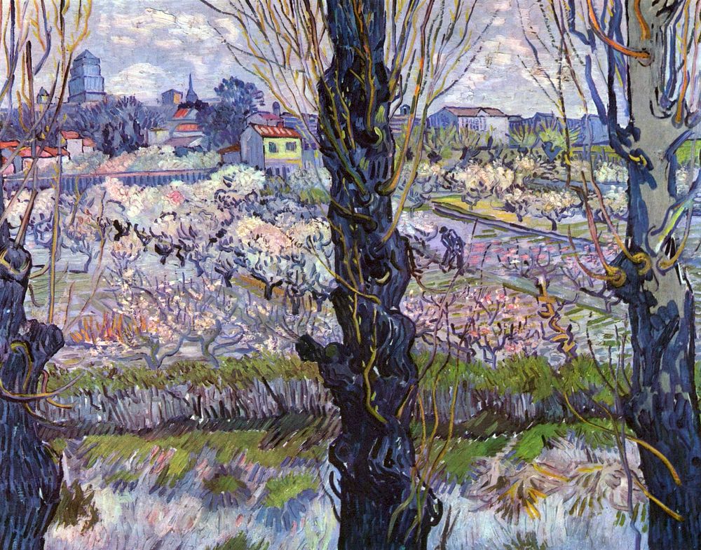 Vincent van Gogh's View of Arles, Flowering Orchards (1889) famous landscape painting. Original from Wikimedia Commons.…
