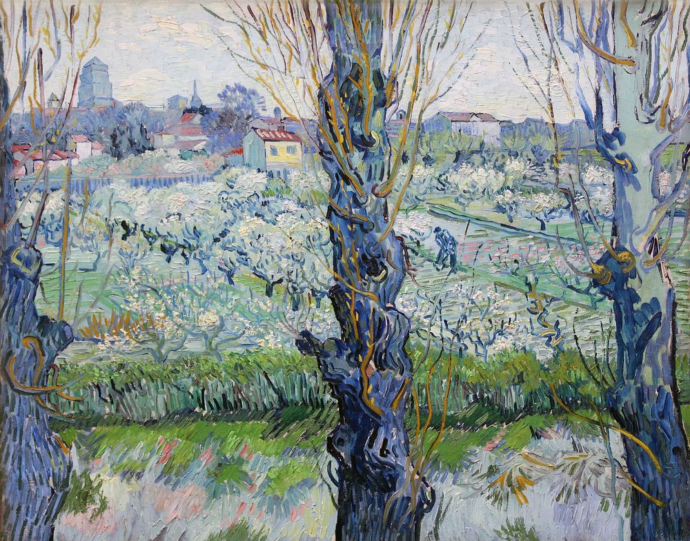 Vincent van Gogh's View of Arles, Flowering Orchards (1889) famous landscape painting. Original from Wikimedia Commons.…