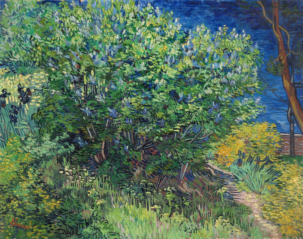 Vincent van Gogh's Lilac Bush (1889) famous landscape painting. Original from Wikimedia Commons. Digitally enhanced by…