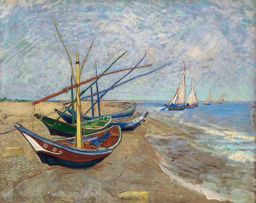 Vincent van Gogh's Fishing Boats on the Beach at Saintes-Maries (1888) famous landscape painting. Original from Wikimedia…
