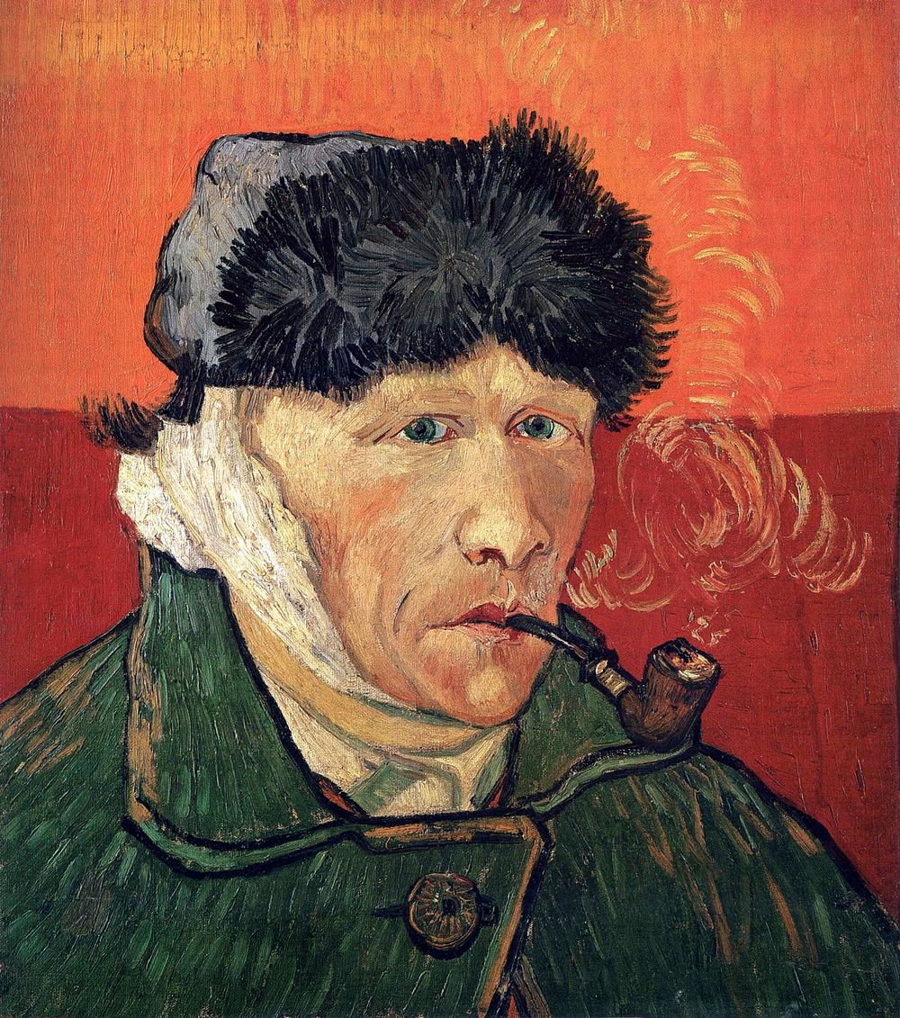 Vincent van Gogh's Self-Portrait with Bandaged Ear and Pipe (1889) famous painting. Original from Wikimedia Commons.…