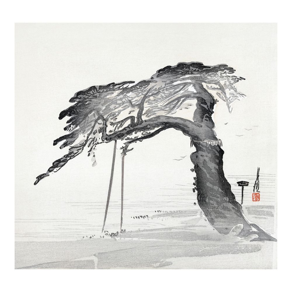 Pine tree art print, japanese woodblock print, remixed from artworks by Ogata Gekko