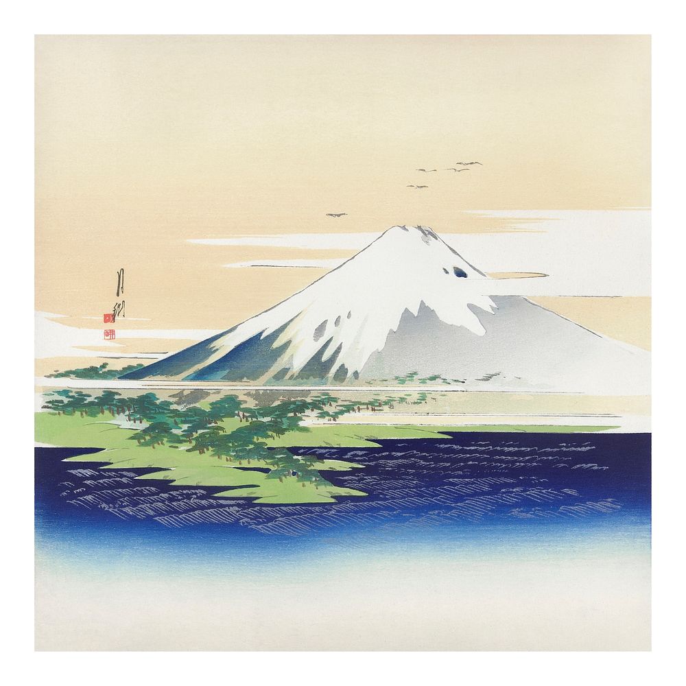 Mount Fuji art print, vintage landscape wall art decor, remixed from woodblock print artworks by Ogata Gekko