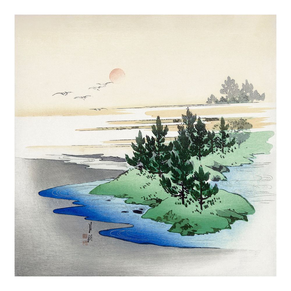 Pine tree art print, vintage landscape wall art decor, remixed from woodblock print artworks by Ogata Gekko