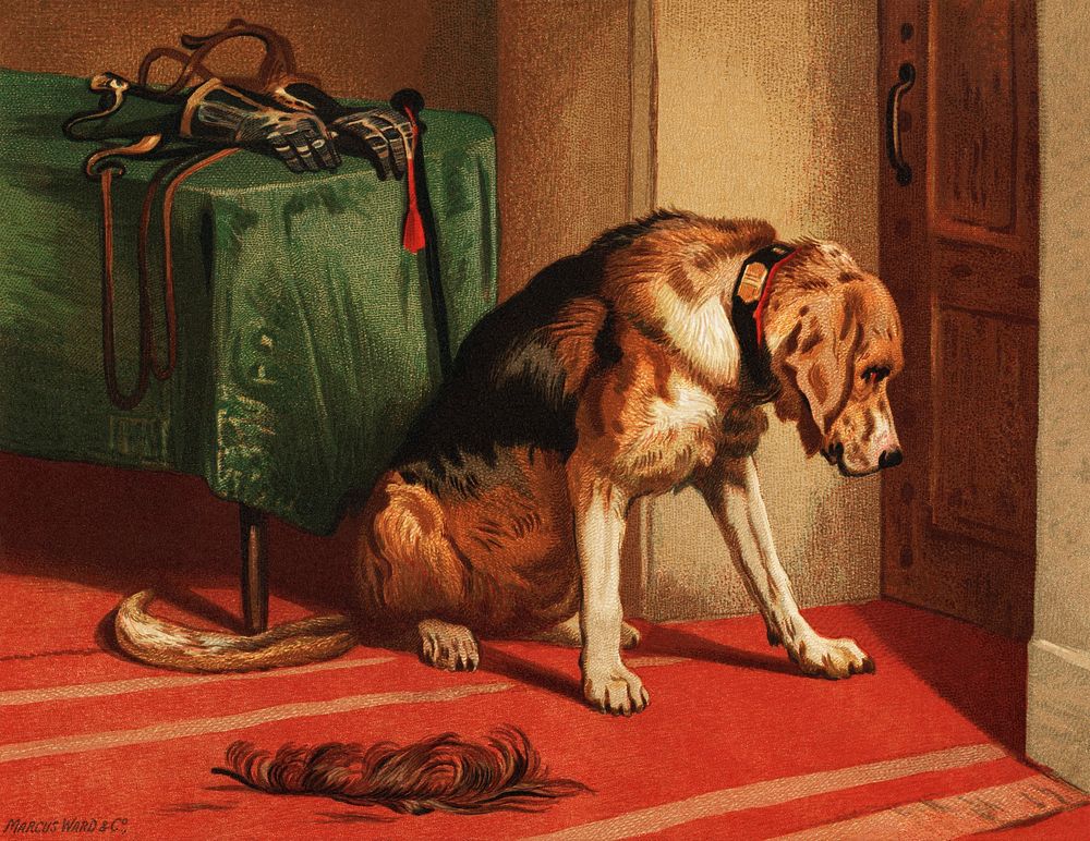Suspense (1877) by sir Edwin Landseer, a Victorian bloodhound mastiff waiting. Digitally enhanced from our own original…