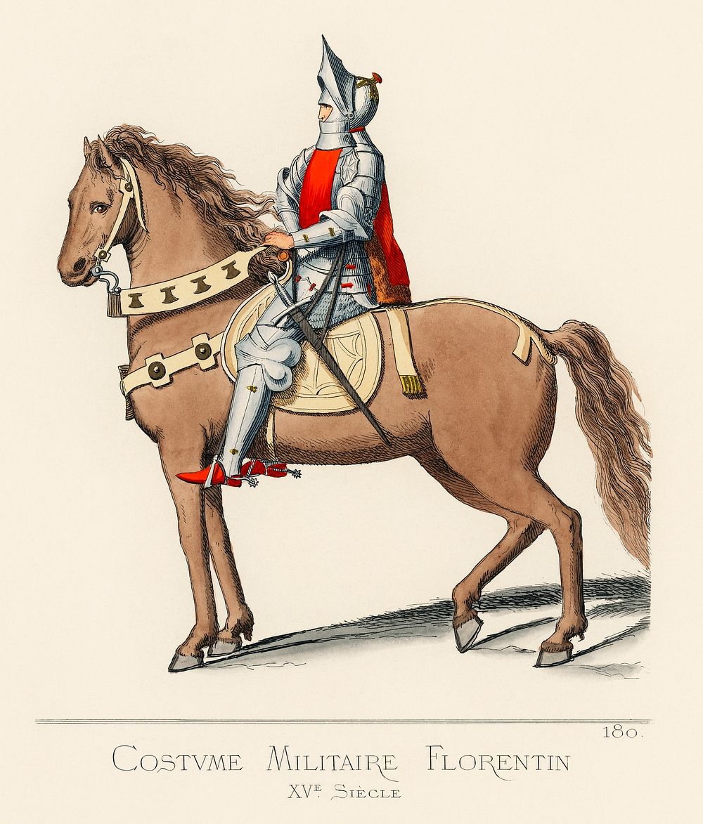 Costume Militaire Florentin, XVe Siecle, translated Florentine Military Costume, 15th Century by Paul Mercuri (1860) a…