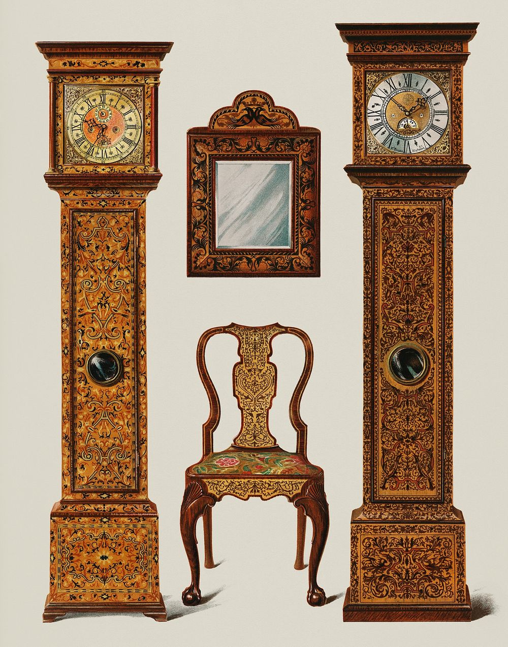 An illustration of Edwardian furniture (1905) drawn by Shirley Slocombe, a beautifully detailed design of a wooden chair…