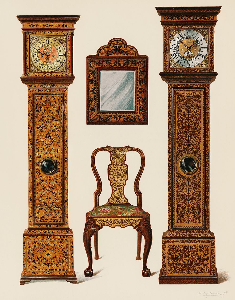 An illustration of Edwardian furniture (1905) drawn by Shirley Slocombe, a beautifully detailed design of a wooden chair…