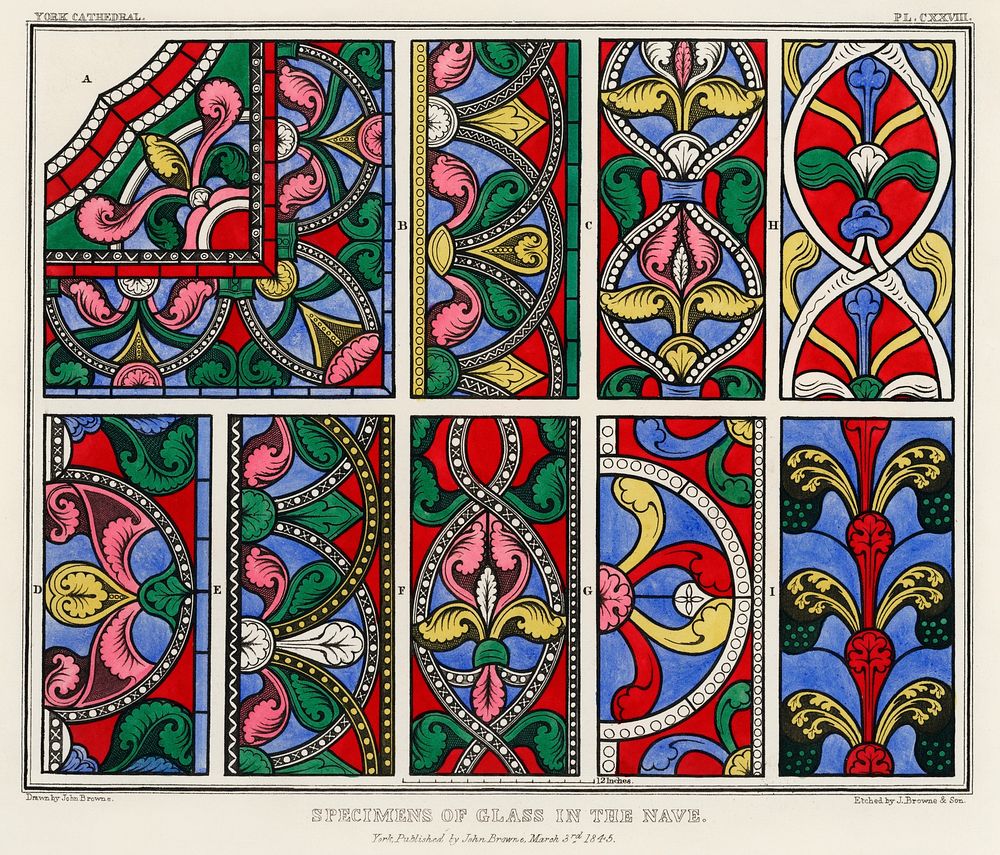 Specimens of the Glass in the Nave (1845) by John Bowne, a vibrantly colored painting of the vintage glass of York…