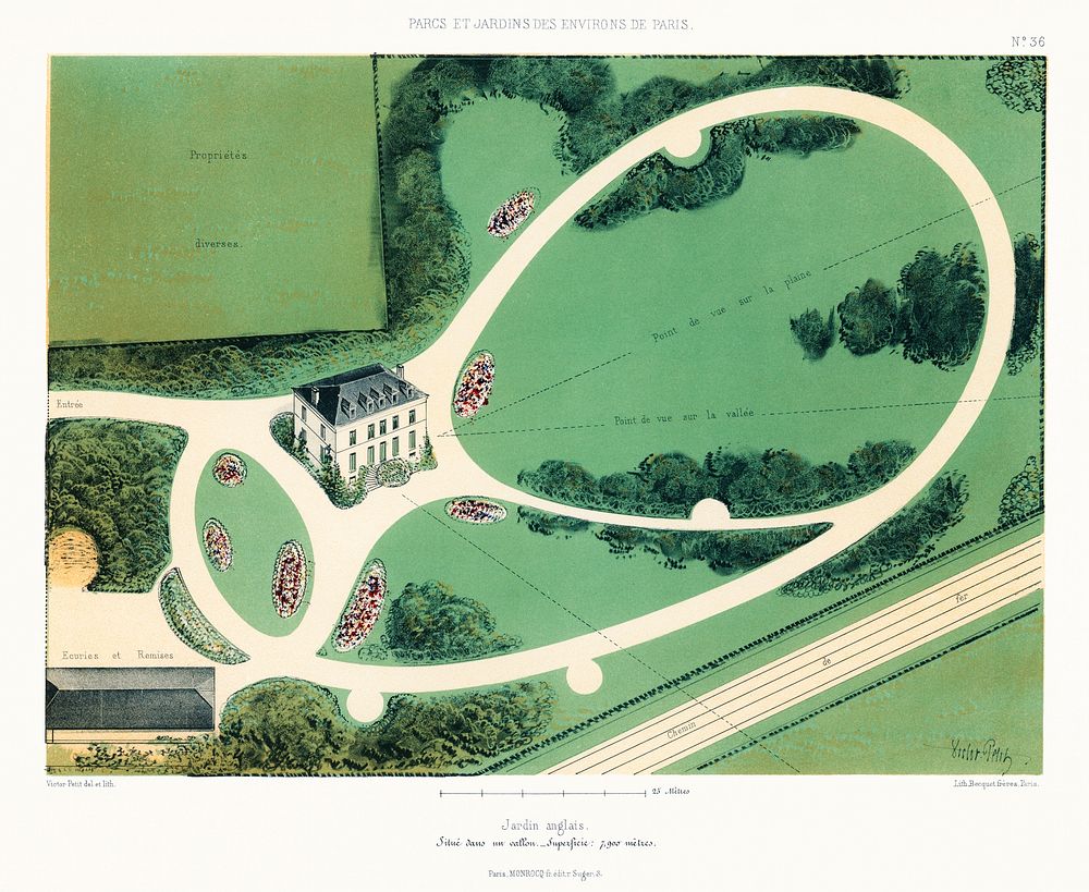 Parcs et Jardins des Environs de Paris (1850) by Victor Petit (1817&ndash;1874), an aerial view of botanical gardens near…