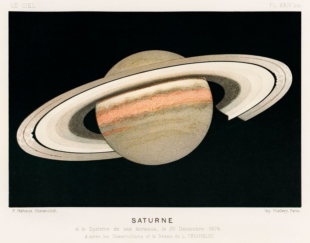 Lithograph Saturne printed in 1877, by F. Meheux, an antique representation of the planet saturn. Digitally enhanced from…