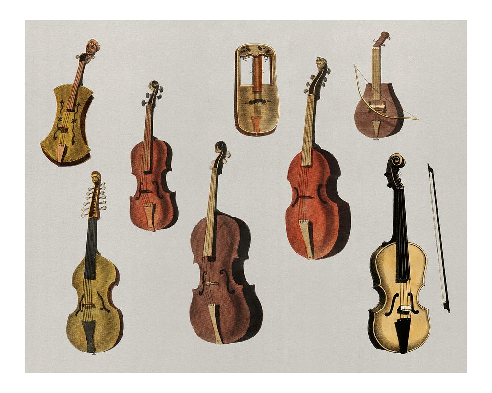 Vintage violin, classical guitar and flute illustrations wall art print and poster.