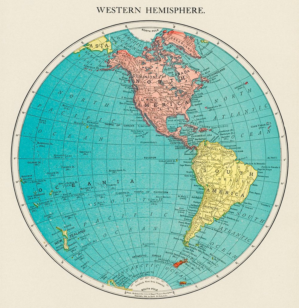 Western Hemisphere, World Atlas by Rand, McNally and Co. (1908) Digitally enhanced from our own original chromolithograph. 
