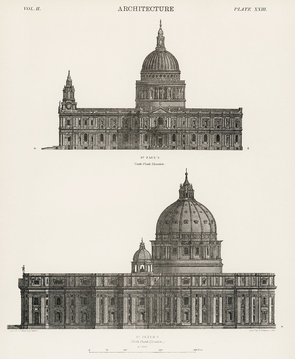 Architecture: St. Paul and St. Peters Cathedral from the book, Encyclopaedia Britannica 9th edition (1875), illustration of…